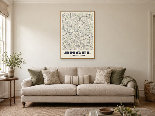 Angel Heritage Street Map Poster at A1, in a natural wood frame, in a sitting room
