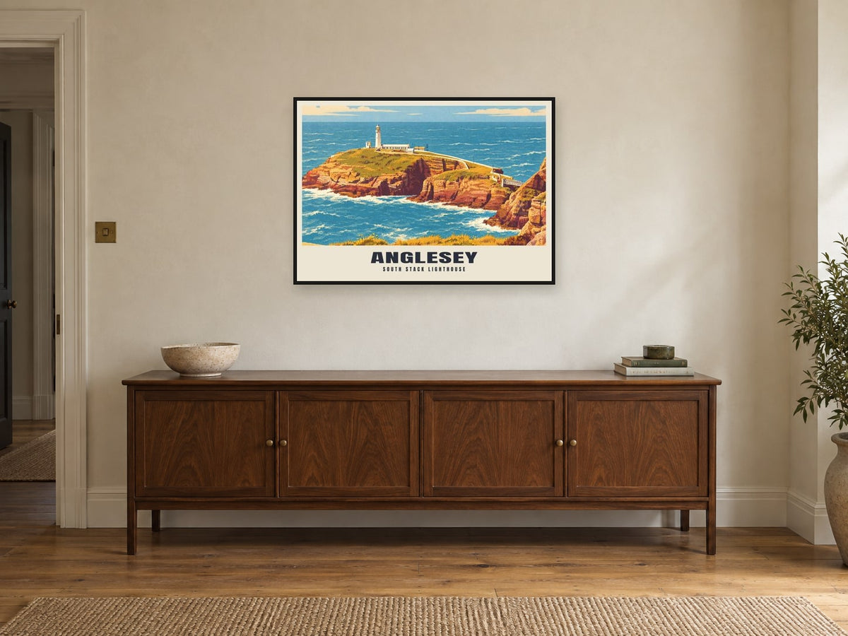 South Stack lighthouse, Anglesey Poster at A1, in a black frame, above a sideboard