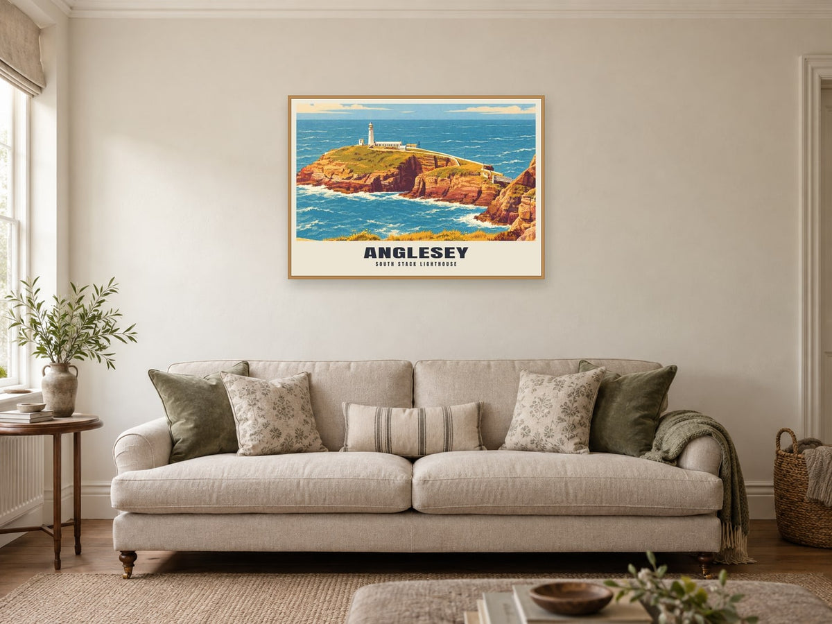 South Stack lighthouse, Anglesey Poster at A1, in a natural wood frame, in a sitting room