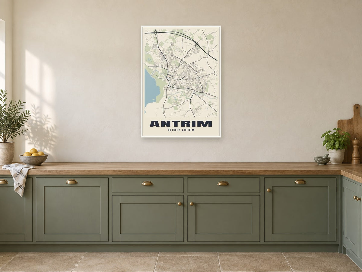 Antrim Street Map Poster at A1, in a white frame, in a kitchen