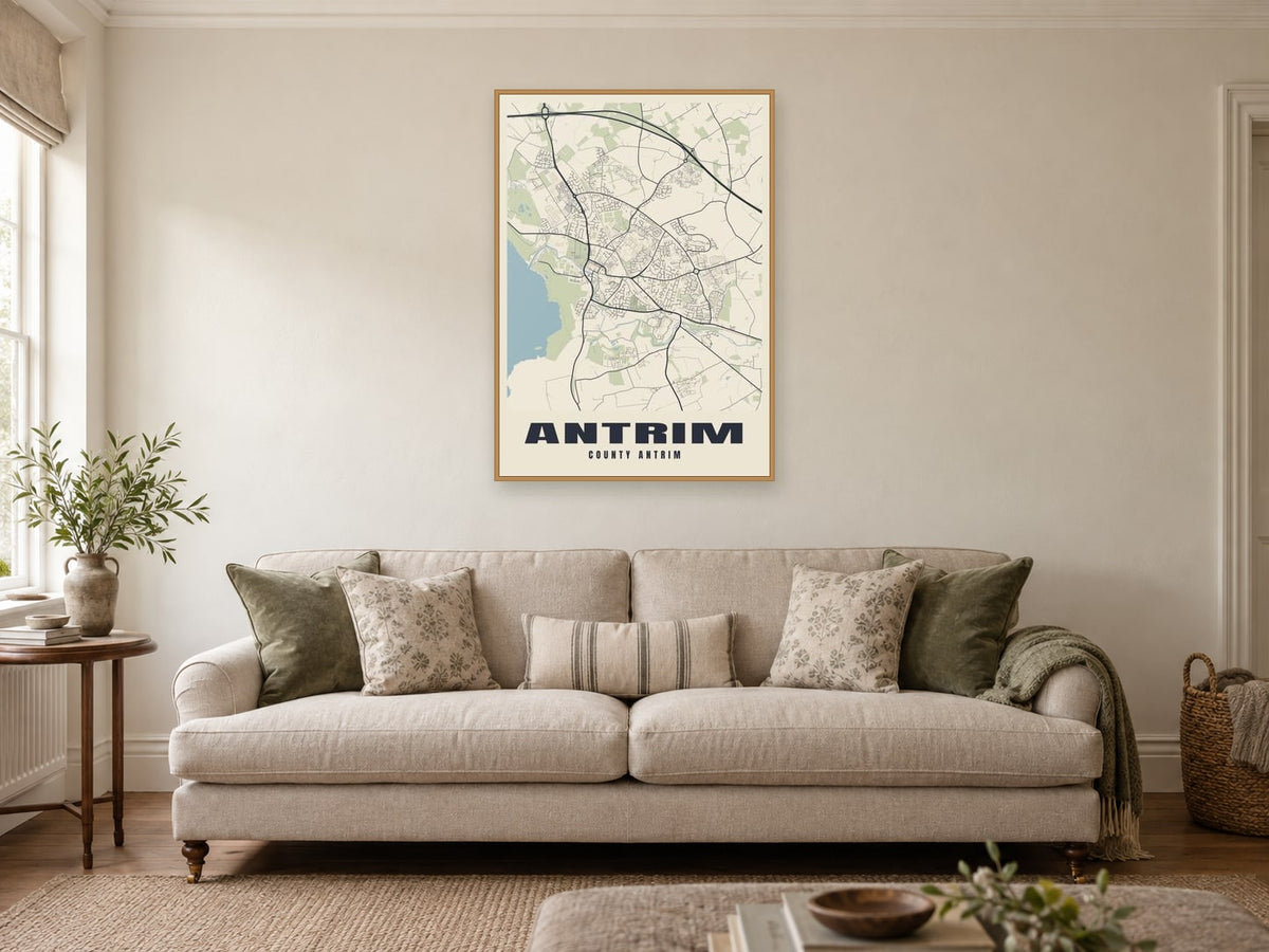 Antrim Street Map Poster at A1, in a natural wood frame, in a sitting room