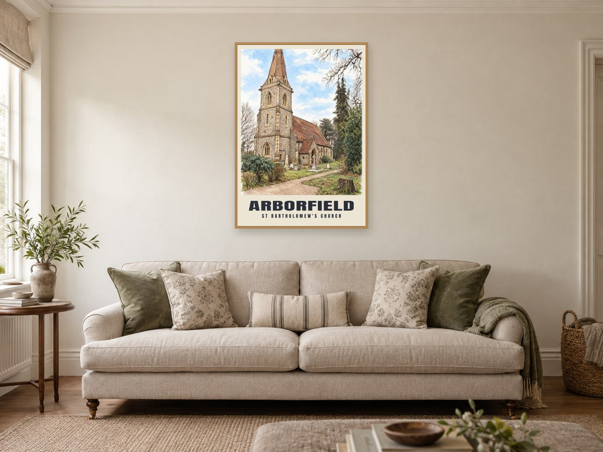 St Bartholomew's Church, Arborfield Poster at A1, in a natural wood frame, in a sitting room