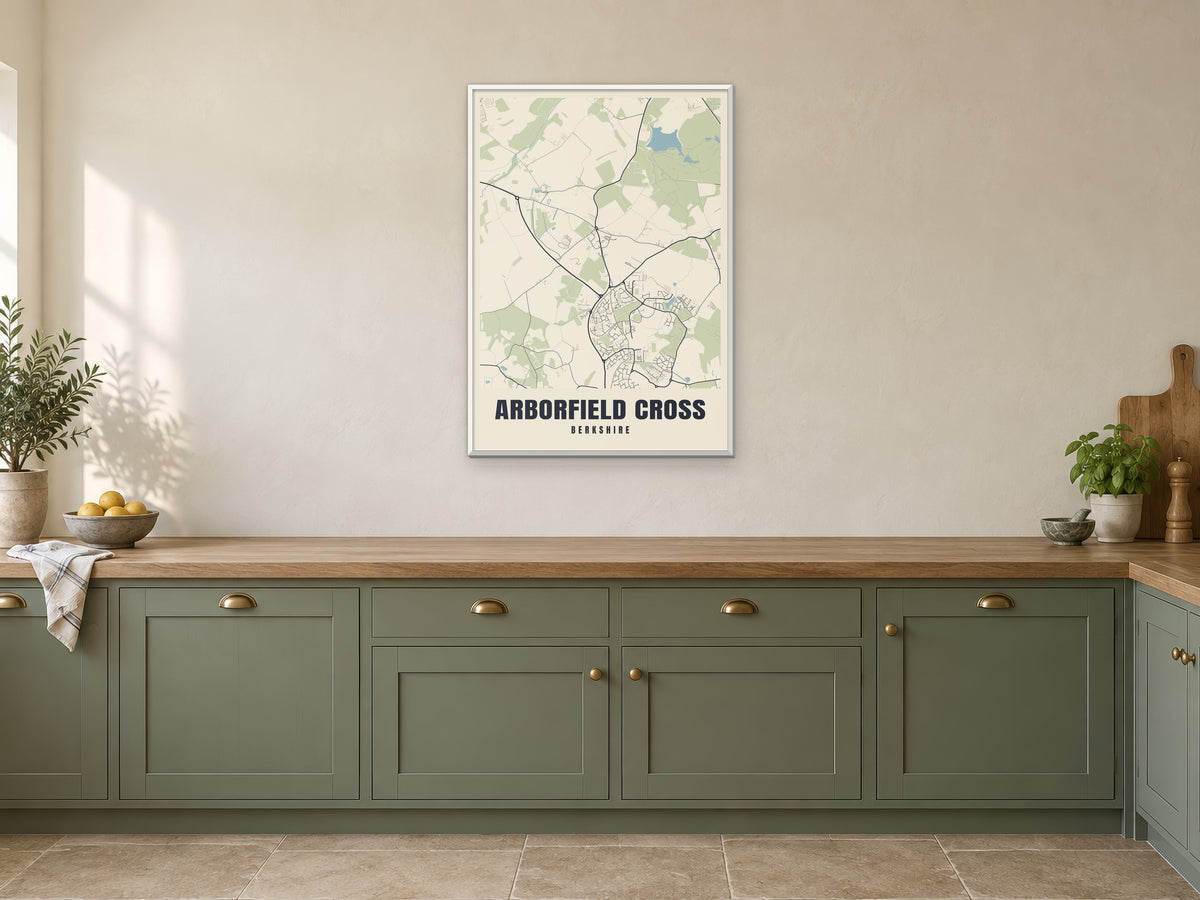 Arborfield Cross Street Map Poster at A1, in a white frame, in a kitchen