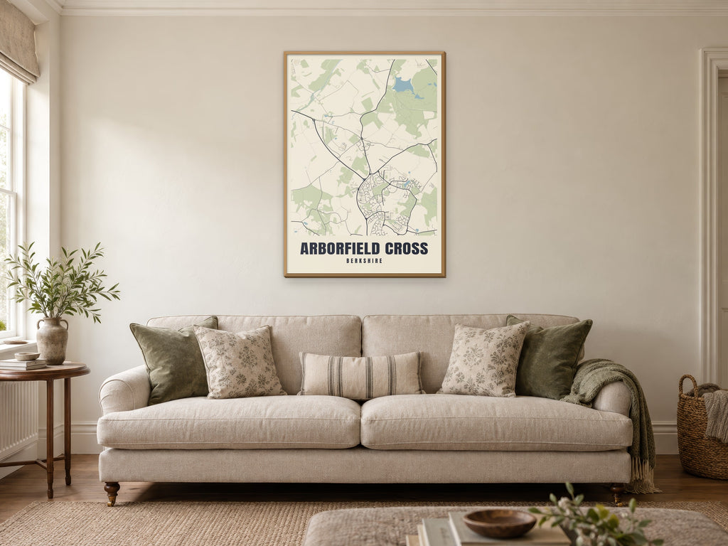 Arborfield Cross Street Map Poster at A1, in a natural wood frame, in a sitting room