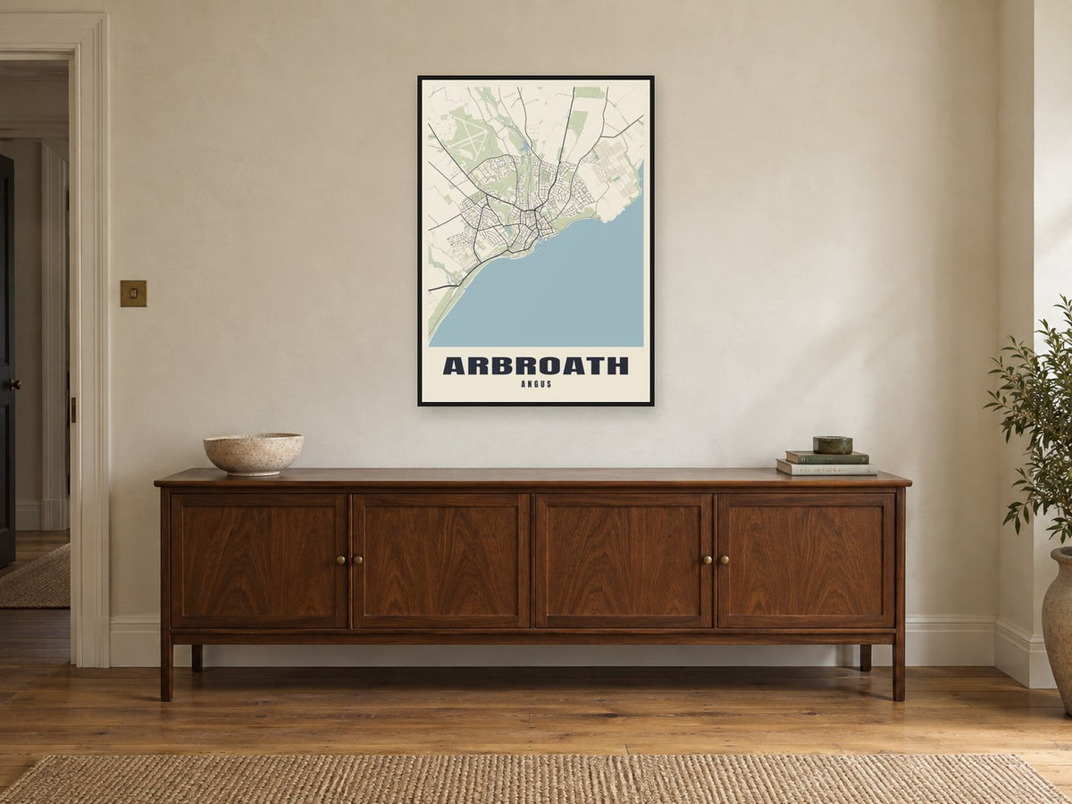 Arbroath Street Map Poster at A1, in a black frame, above a sideboard
