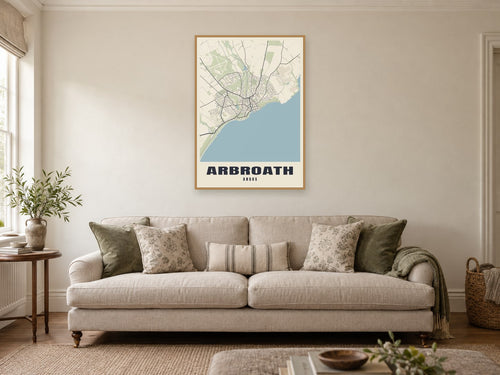 Arbroath Street Map Poster at A1, in a natural wood frame, in a sitting room
