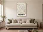 Archway Heritage Street Map Poster at A1, in a natural wood frame, in a sitting room