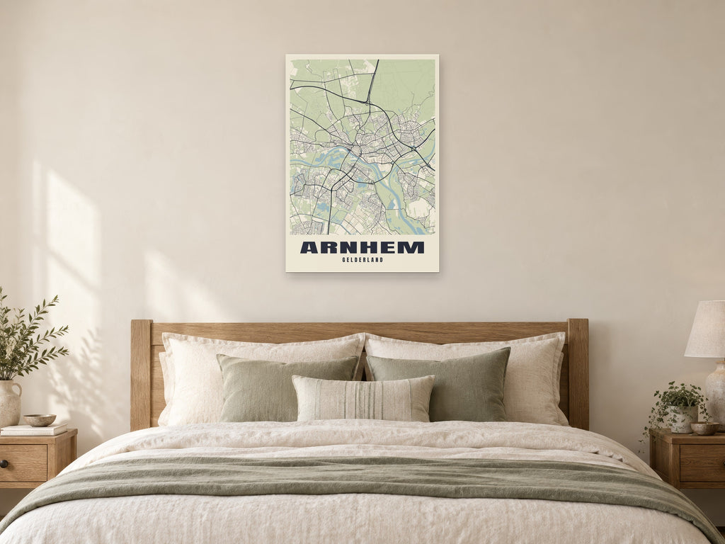 Arnhem Street Map Poster at A1, as a poster, above a bed