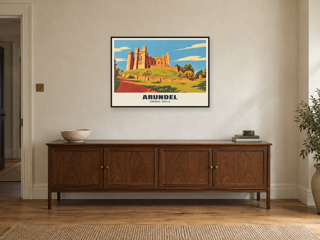 Arundel Castle Poster at A1, in a black frame, above a sideboard