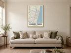 Asbury Park Street Map Poster at A1, in a natural wood frame, in a sitting room