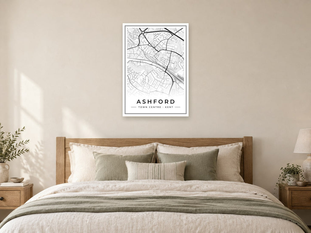 Ashford Town Centre Street Map Poster at A1, as a poster, above a bed