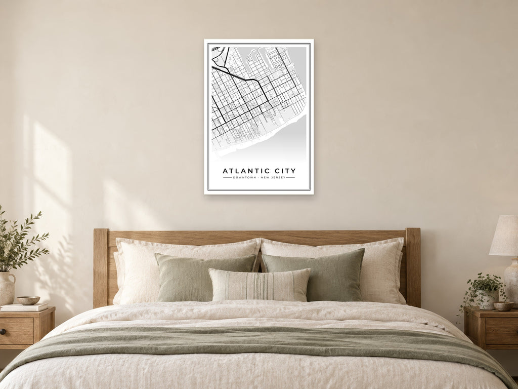 Atlantic City Downtown Street Map Poster at A1, as a poster, above a bed