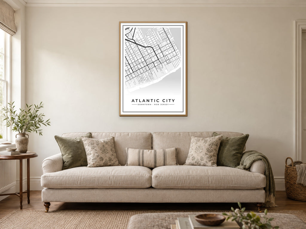Atlantic City Downtown Street Map Poster at A1, in a natural wood frame, in a sitting room