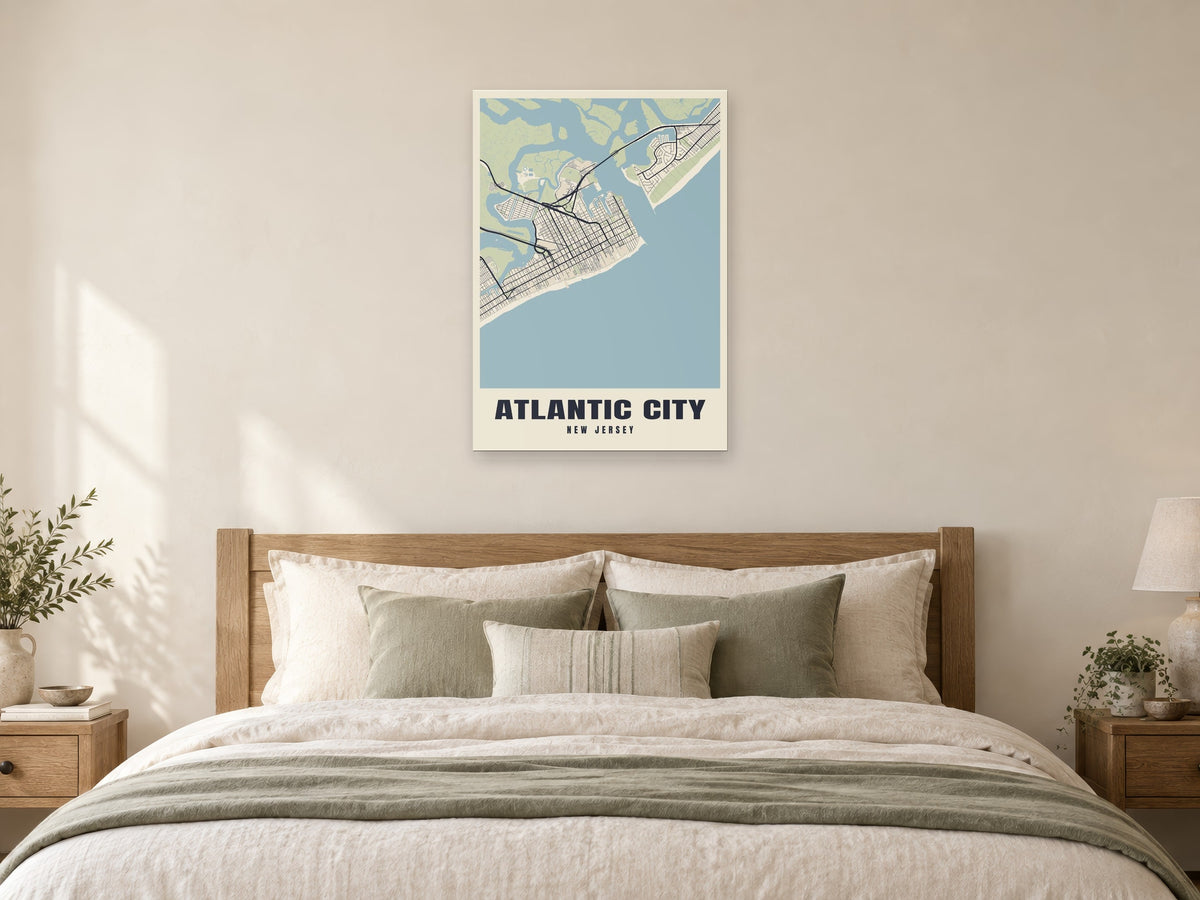 Atlantic City Street Map Poster at A1, as a poster, above a bed