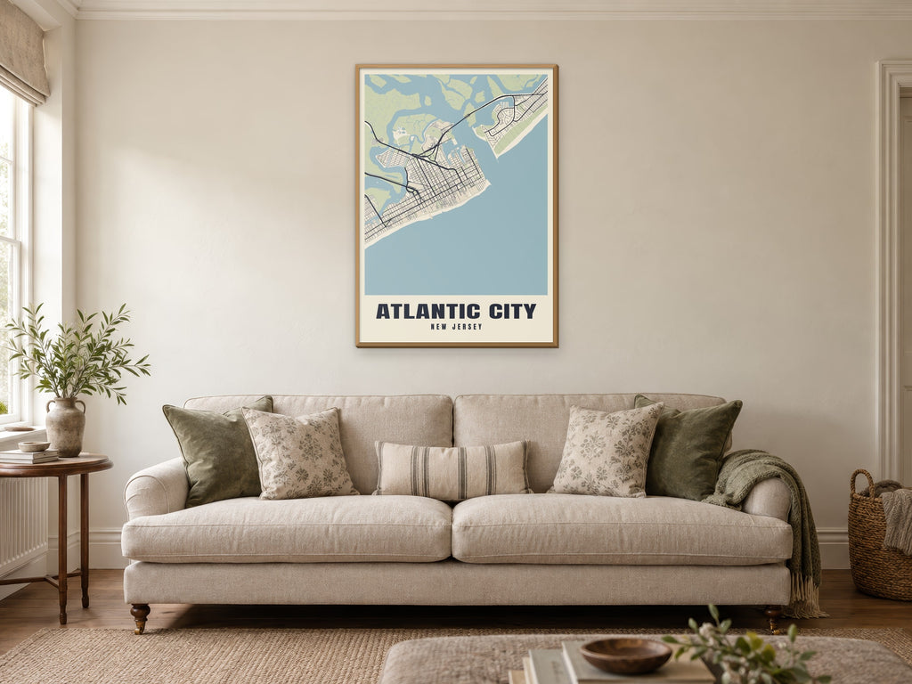 Atlantic City Street Map Poster at A1, in a natural wood frame, in a sitting room