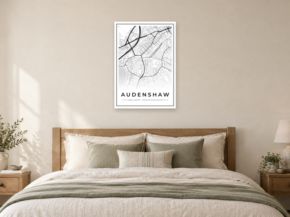 Audenshaw Town Centre Street Map Poster at A1, as a poster, above a bed