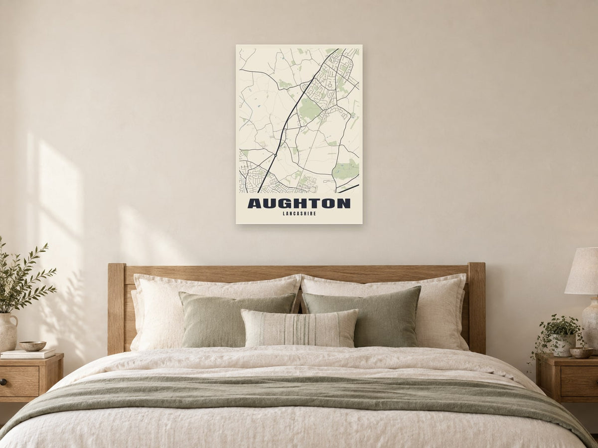 Aughton Street Map Poster at A1, as a poster, above a bed