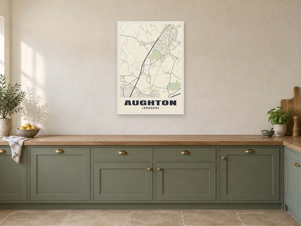 Aughton Street Map Poster at A1, in a white frame, in a kitchen