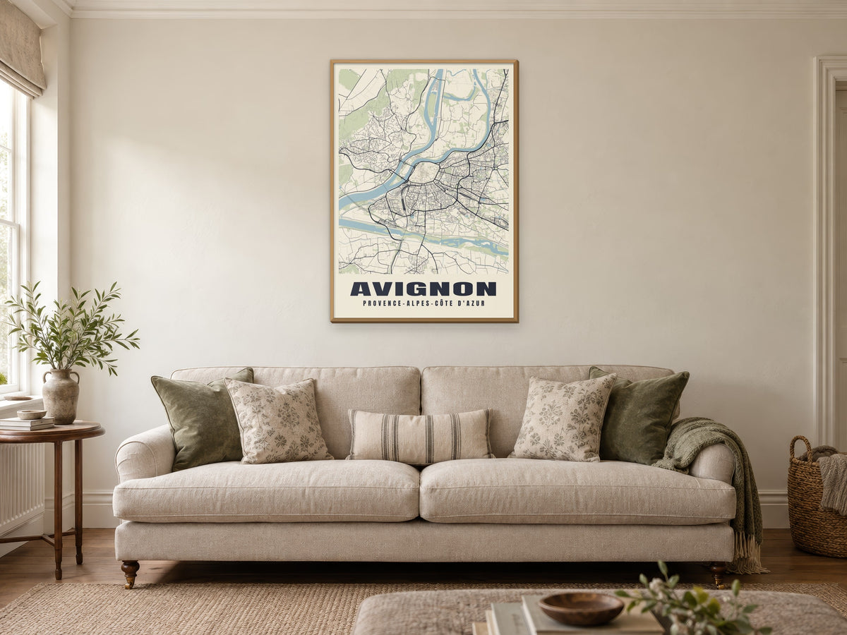 Avignon Street Map Poster at A1, in a natural wood frame, in a sitting room