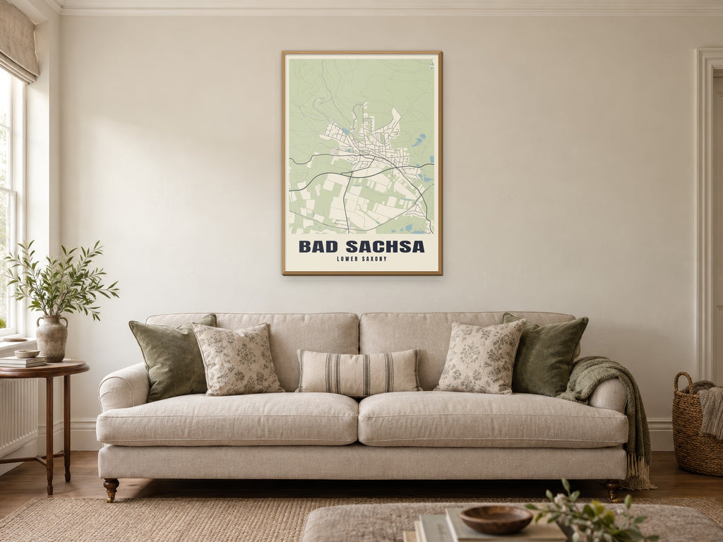 Bad Sachsa Street Map Poster at A1, in a natural wood frame, in a sitting room