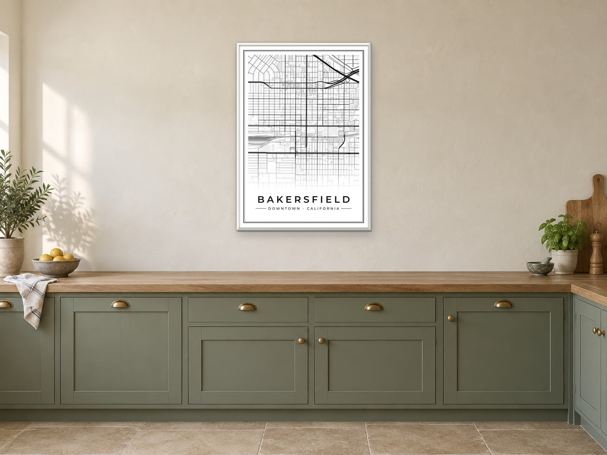 Bakersfield Downtown Street Map Poster at A1, in a white frame, in a kitchen