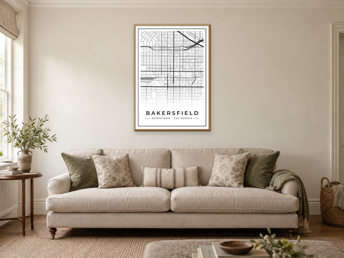 Bakersfield Downtown Street Map Poster at A1, in a natural wood frame, in a sitting room