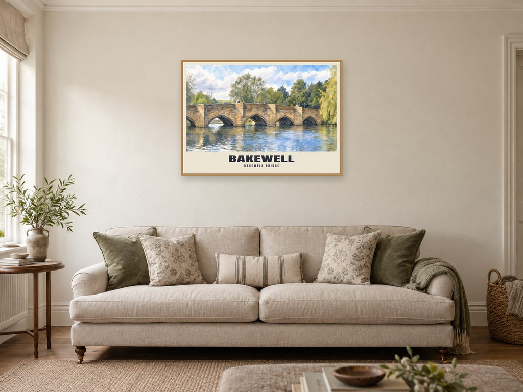 Bakewell Bridge Poster at A1, in a natural wood frame, in a sitting room