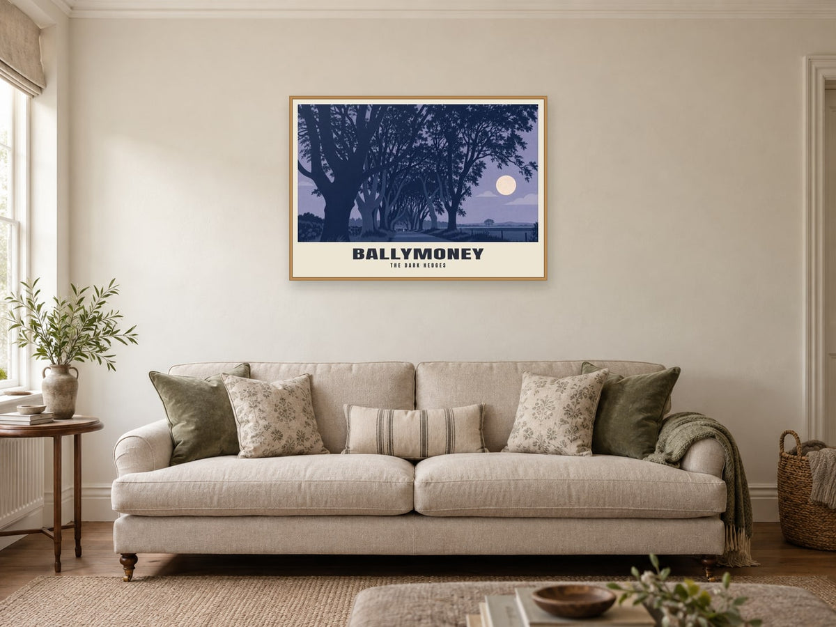 The Dark Hedges, Ballymoney Poster at A1, in a natural wood frame, in a sitting room