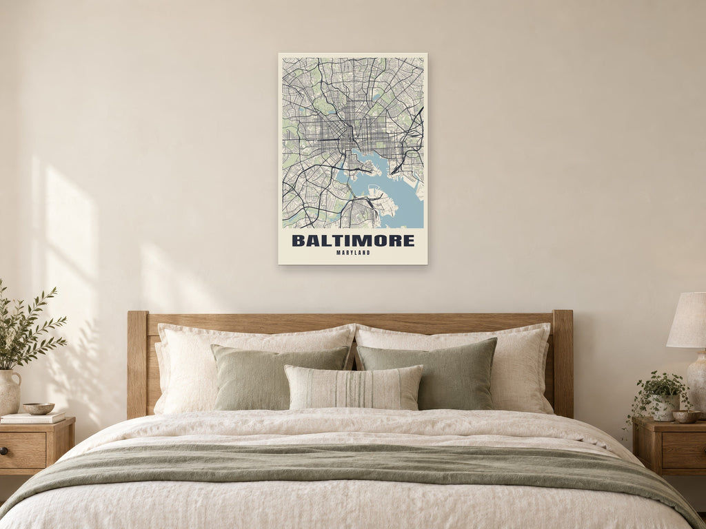 Baltimore Street Map Poster at A1, as a poster, above a bed