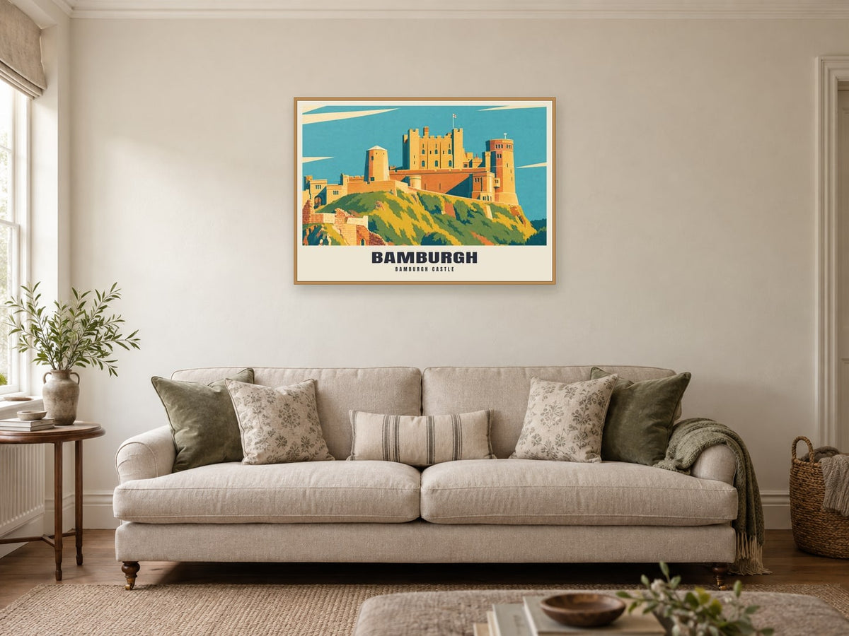 Bamburgh Castle Poster at A1, in a natural wood frame, in a sitting room