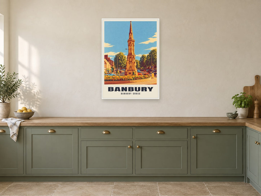 Banbury Cross Poster at A1, in a white frame, in a kitchen
