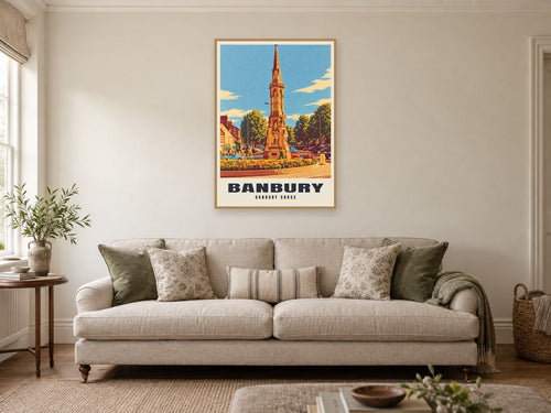 Banbury Cross Poster at A1, in a natural wood frame, in a sitting room