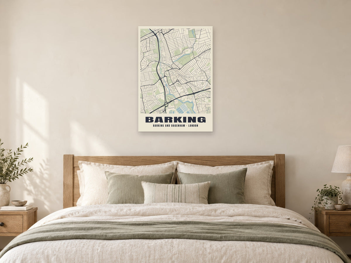 Barking Heritage Street Map Poster at A1, as a poster, above a bed
