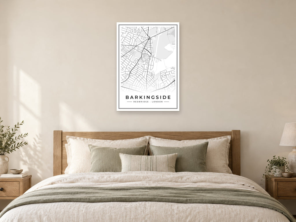 Barkingside Street Map Poster at A1, as a poster, above a bed
