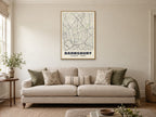 Barnsbury Heritage Street Map Poster at A1, in a natural wood frame, in a sitting room