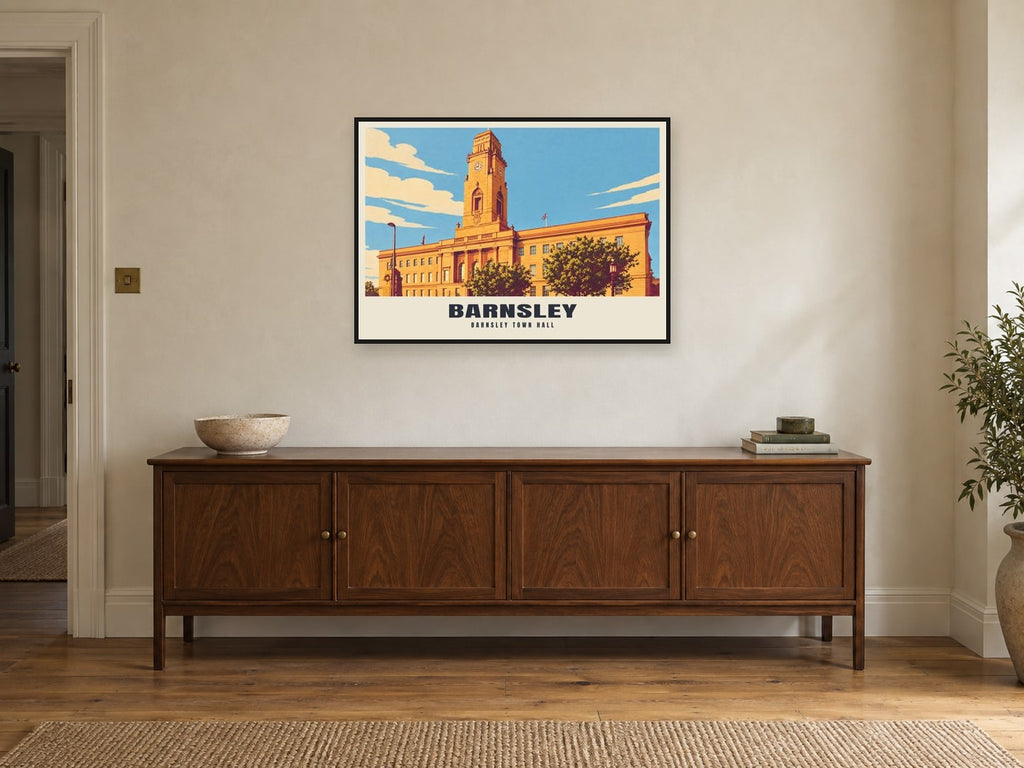 Barnsley Town Hall Poster at A1, in a black frame, above a sideboard