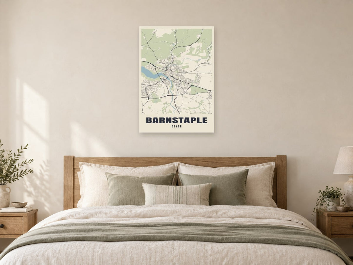 Barnstaple Street Map Poster at A1, as a poster, above a bed
