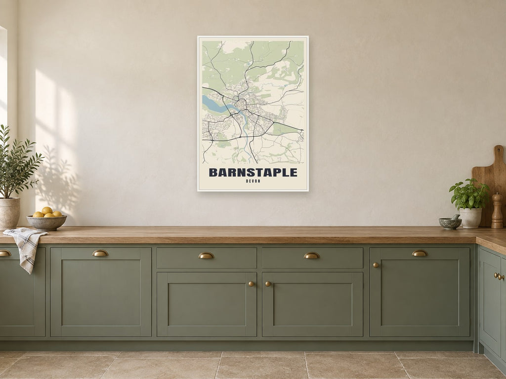 Barnstaple Street Map Poster at A1, in a white frame, in a kitchen
