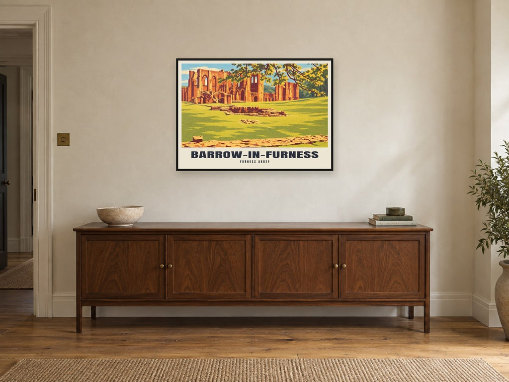 Furness Abbey, Barrow-in-Furness Poster at A1, in a black frame, above a sideboard
