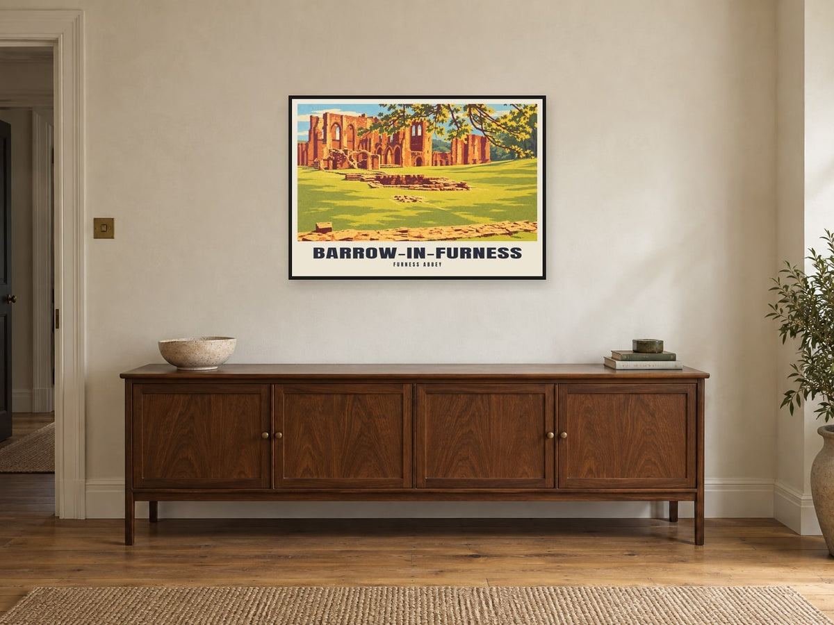 Furness Abbey, Barrow-in-Furness Poster at A1, in a black frame, above a sideboard