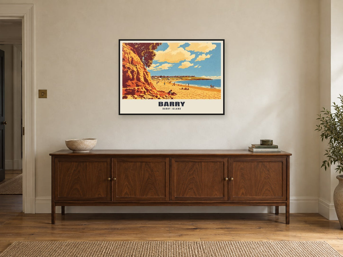 Barry Island Poster at A1, in a black frame, above a sideboard