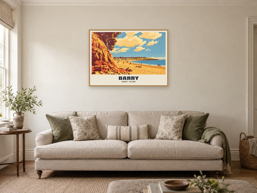 Barry Island Poster at A1, in a natural wood frame, in a sitting room