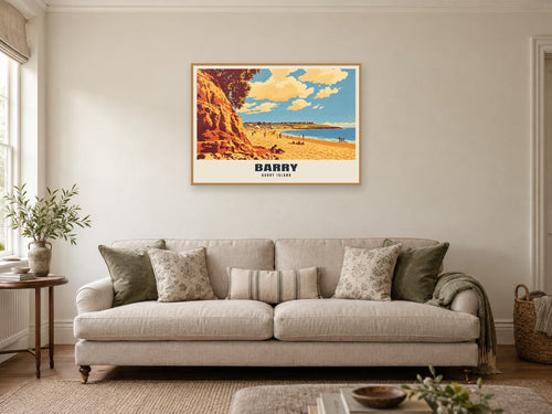 Barry Island Poster at A1, in a natural wood frame, in a sitting room