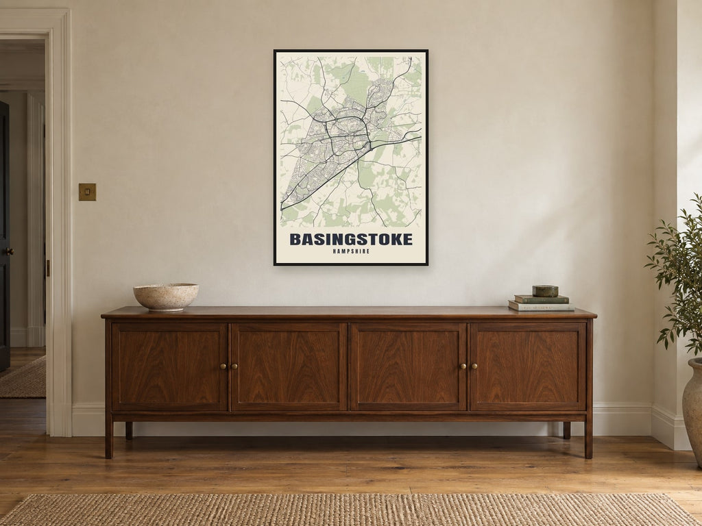 Basingstoke Street Map Poster at A1, in a black frame, above a sideboard