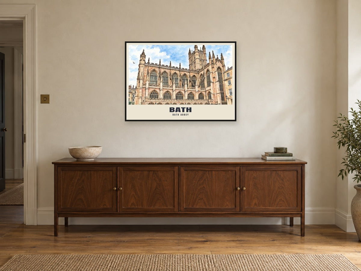 Bath Abbey Poster at A1, in a black frame, above a sideboard