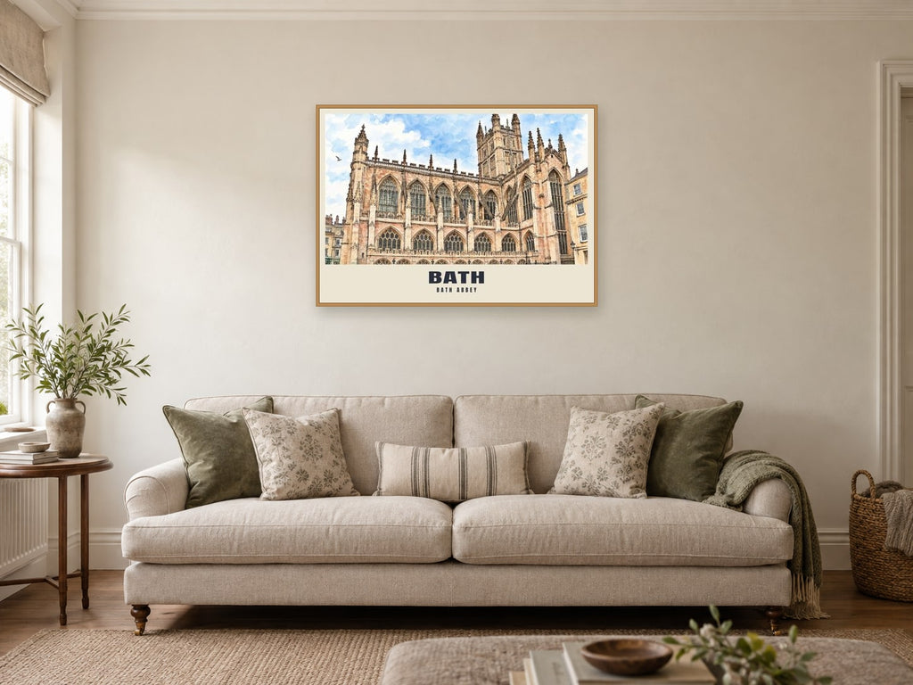 Bath Abbey Poster at A1, in a natural wood frame, in a sitting room