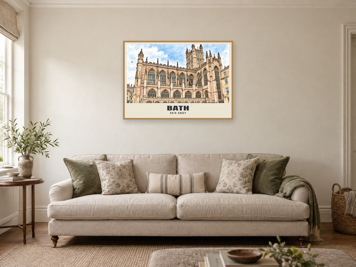Bath Abbey Poster at A1, in a natural wood frame, in a sitting room