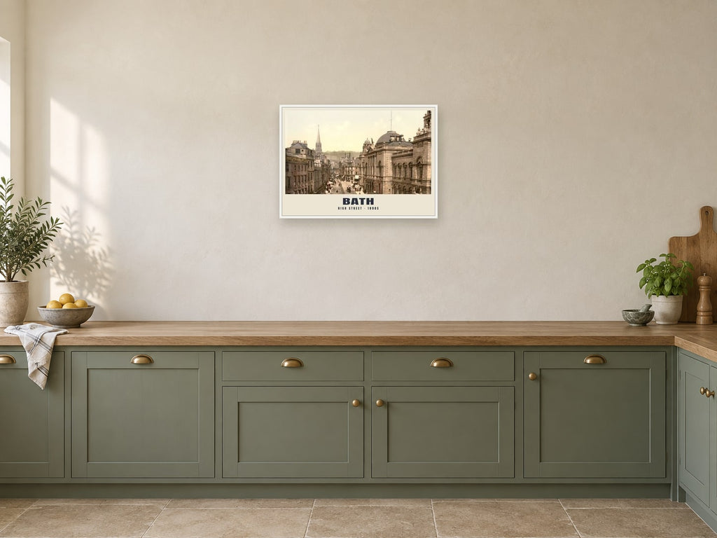 High Street, Bath, 1890s Heritage Print at A2, in a white frame, in a kitchen