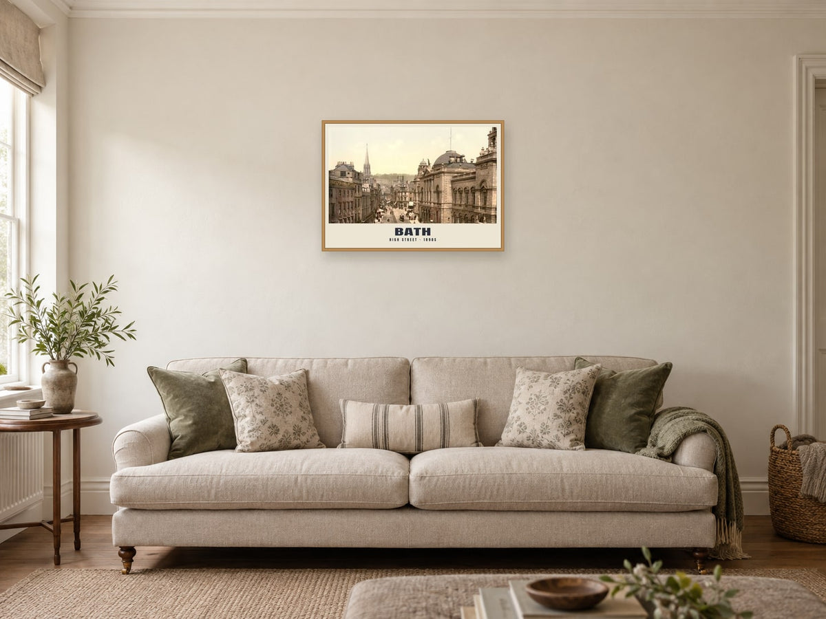 High Street, Bath, 1890s Heritage Print at A2, in a natural wood frame, in a sitting room