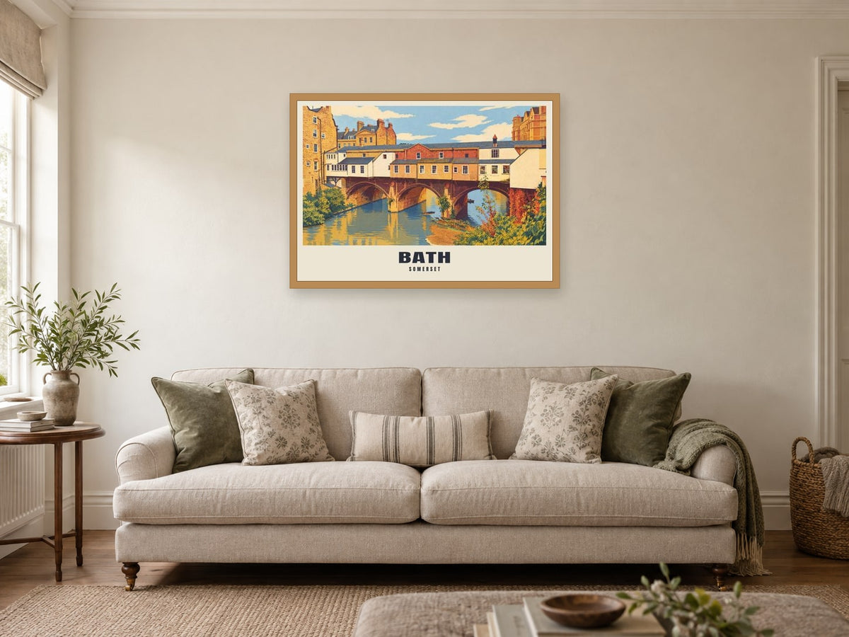 Bath Poster at A1, in a natural wood frame, in a sitting room